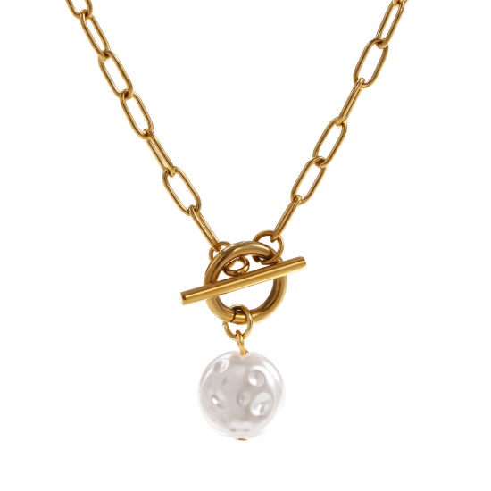 Immagine di 18K Vero Oro Placcato Catena a Graffetta Tondo Piatto Collana con Ciondolo, 304 Acciaio Inossidabile 45cm, Per Donne, Bianco Perla Imitato Acrilico, Squisito Regalo, Placcatura Sottovuoto PVD Ecologica, 1 Pz