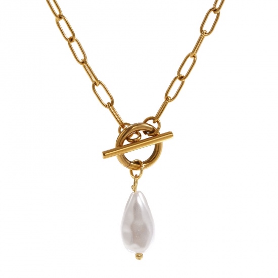 Immagine di 18K Vero Oro Placcato Catena a Graffetta Goccia Collana con Ciondolo, 304 Acciaio Inossidabile 45cm, Per Donne, Bianco Perla Imitato Acrilico, Squisito Regalo, Placcatura Sottovuoto PVD Ecologica, 1 Pz