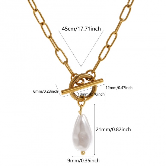 Immagine di 18K Vero Oro Placcato Catena a Graffetta Goccia Collana con Ciondolo, 304 Acciaio Inossidabile 45cm, Per Donne, Bianco Perla Imitato Acrilico, Squisito Regalo, Placcatura Sottovuoto PVD Ecologica, 1 Pz