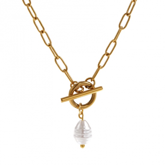 Immagine di 18K Vero Oro Placcato Catena a Graffetta Ovale Collana con Ciondolo, 304 Acciaio Inossidabile 45cm, Per Donne, Bianco Perla Imitato Acrilico, Squisito Regalo, Placcatura Sottovuoto PVD Ecologica, 1 Pz