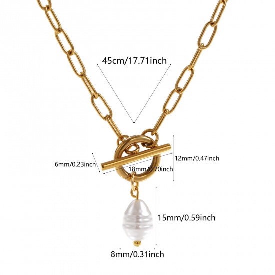 Immagine di 18K Vero Oro Placcato Catena a Graffetta Ovale Collana con Ciondolo, 304 Acciaio Inossidabile 45cm, Per Donne, Bianco Perla Imitato Acrilico, Squisito Regalo, Placcatura Sottovuoto PVD Ecologica, 1 Pz