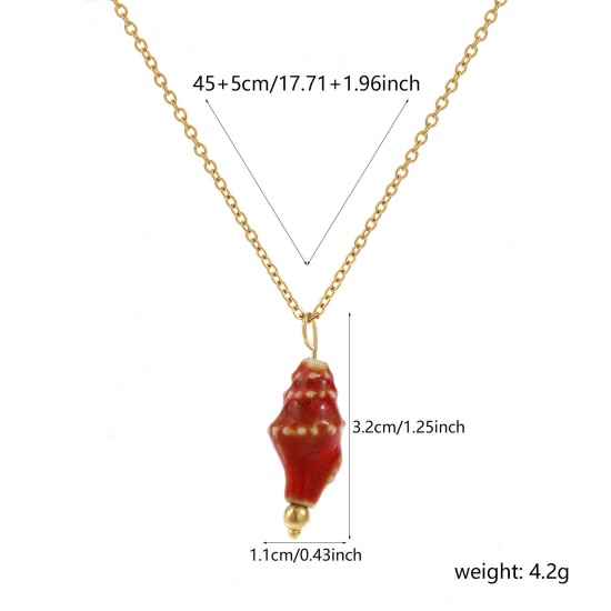 18Kリアルゴールドメッキ 小豆チェーン・あづきチェーン 巻き貝 ペンダントネックレス、 304ステンレス鋼＋セラミック 45cm + 5cm、 女性のため、 赤 3D、 素敵 プレゼント、 エコフレンドリー PVD真空メッキ、 1 本 の画像