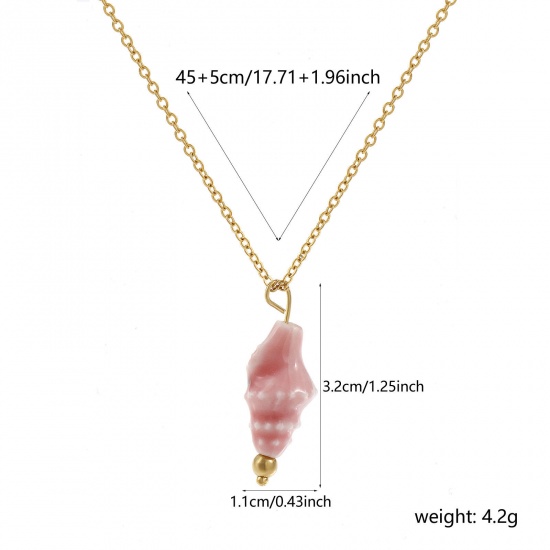 18Kリアルゴールドメッキ 小豆チェーン・あづきチェーン 巻き貝 ペンダントネックレス、 304ステンレス鋼＋セラミック 45cm + 5cm、 女性のため、 ピンク 3D、 素敵 プレゼント、 エコフレンドリー PVD真空メッキ、 1 本 の画像