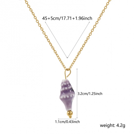 18Kリアルゴールドメッキ 小豆チェーン・あづきチェーン 巻き貝 ペンダントネックレス、 304ステンレス鋼＋セラミック 45cm + 5cm、 女性のため、 紫 3D、 素敵 プレゼント、 エコフレンドリー PVD真空メッキ、 1 本 の画像