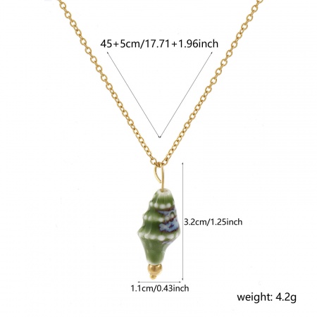 Picture of Wholesale Conch/ Sea Snail Green 3D Pendant Charm Necklace, 18K Real Gold Plated 304 Stainless Steel & Ceramic Link Cable Chain, Women's Eco-friendly PVD Vacuum Plating Waterproof Anti-Tarnish Hypoallergenic Exquisite Gift Jewelry For Retailer, 45cm(17.7") + 5cm(2") long, 1 Piece