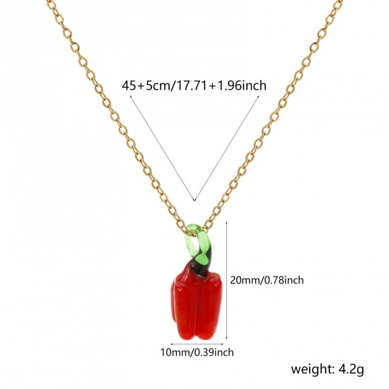Picture of 18K Real Gold Plated Link Cable Chain Chili Pendant Charm Necklace, 304 Stainless Steel & Lampwork Glass 45cm(17.7") + 5cm(2"), For Women, Red 3D, Exquisite Gift, Eco-friendly PVD Vacuum Plating, 1 Piece
