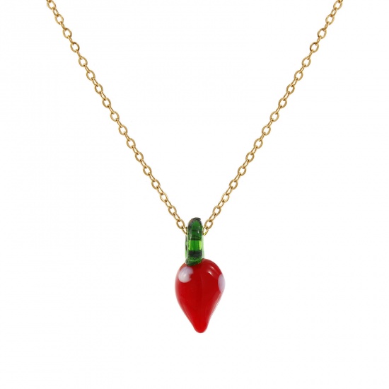 Picture of 18K Real Gold Plated Link Cable Chain Strawberry Fruit Pendant Charm Necklace, 304 Stainless Steel & Lampwork Glass 45cm(17.7") + 5cm(2"), For Women, Red 3D, Exquisite Gift, Eco-friendly PVD Vacuum Plating, 1 Piece