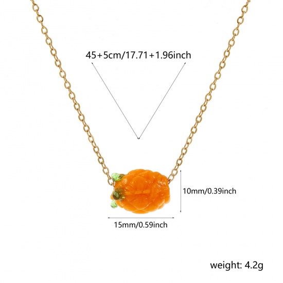 Picture of 18K Real Gold Plated Link Cable Chain Pineapple/ Ananas Fruit Pendant Charm Necklace, 304 Stainless Steel & Lampwork Glass 45cm(17.7") + 5cm(2"), For Women, Orange 3D, Exquisite Gift, Eco-friendly PVD Vacuum Plating, 1 Piece