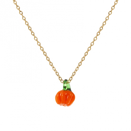 Picture of 18K Real Gold Plated Link Cable Chain Pumpkin Pendant Charm Necklace, 304 Stainless Steel & Lampwork Glass 45cm(17.7") + 5cm(2"), For Women, Orange 3D, Exquisite Gift, Eco-friendly PVD Vacuum Plating, 1 Piece