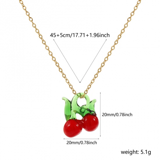 Picture of 18K Real Gold Plated Link Cable Chain Cherry Fruit Pendant Charm Necklace, 304 Stainless Steel & Lampwork Glass 45cm(17.7") + 5cm(2"), For Women, Red 3D, Exquisite Gift, Eco-friendly PVD Vacuum Plating, 1 Piece