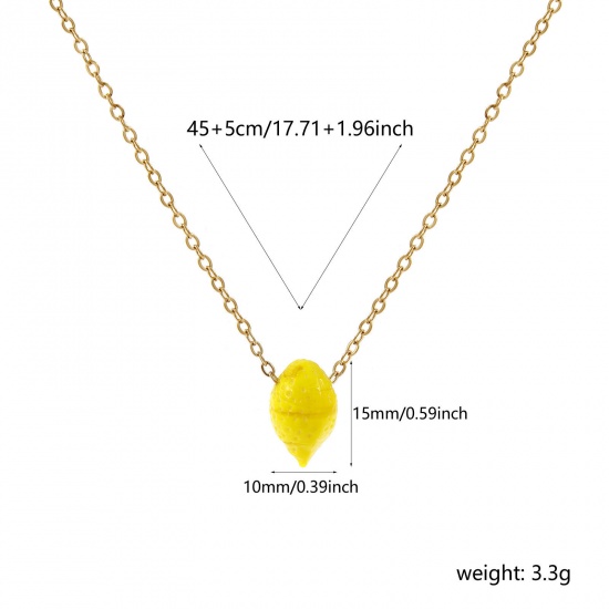 Picture of 18K Real Gold Plated Link Cable Chain Lemon Pendant Charm Necklace, 304 Stainless Steel & Lampwork Glass 45cm(17.7") + 5cm(2"), For Women, Yellow 3D, Exquisite Gift, Eco-friendly PVD Vacuum Plating, 1 Piece
