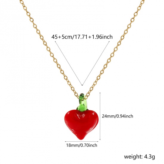 Picture of 18K Real Gold Plated Link Cable Chain Heart Pendant Charm Necklace, 304 Stainless Steel & Lampwork Glass 45cm(17.7") + 5cm(2"), For Women, Red 3D, Exquisite Valentine's Day Gift, Eco-friendly PVD Vacuum Plating, 1 Piece