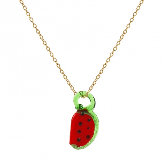 Picture of 18K Real Gold Plated Link Cable Chain Watermelon Fruit Pendant Charm Necklace, 304 Stainless Steel & Lampwork Glass 45cm(17.7") + 5cm(2"), For Women, Red 3D, Exquisite Gift, Eco-friendly PVD Vacuum Plating, 1 Piece