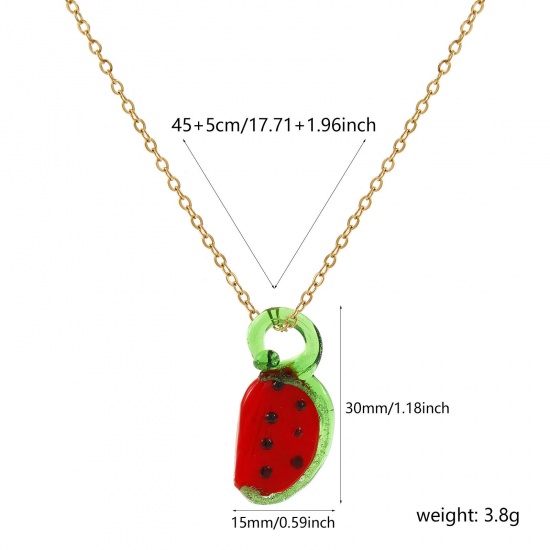 Picture of 18K Real Gold Plated Link Cable Chain Watermelon Fruit Pendant Charm Necklace, 304 Stainless Steel & Lampwork Glass 45cm(17.7") + 5cm(2"), For Women, Red 3D, Exquisite Gift, Eco-friendly PVD Vacuum Plating, 1 Piece
