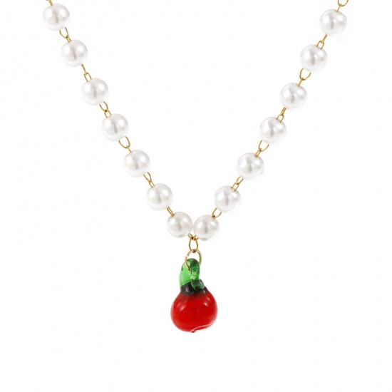 Picture of 18K Real Gold Plated Beaded Chain Apple Fruit Pendant Charm Necklace, 304 Stainless Steel & Lampwork Glass 45cm(17.7"), For Women, Red 3D, Exquisite Gift, Eco-friendly PVD Vacuum Plating, 1 Piece