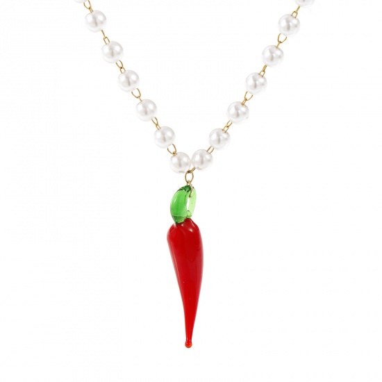 Picture of 18K Real Gold Plated Beaded Chain Chili Pendant Charm Necklace, 304 Stainless Steel & Lampwork Glass 45cm(17.7"), For Women, Red 3D, Exquisite Gift, Eco-friendly PVD Vacuum Plating, 1 Piece