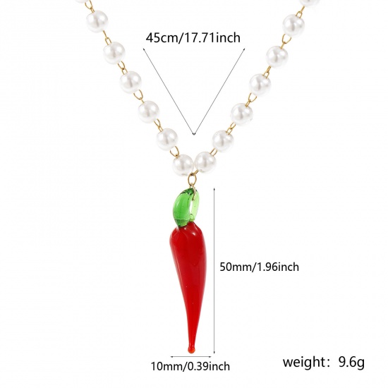 Picture of 18K Real Gold Plated Beaded Chain Chili Pendant Charm Necklace, 304 Stainless Steel & Lampwork Glass 45cm(17.7"), For Women, Red 3D, Exquisite Gift, Eco-friendly PVD Vacuum Plating, 1 Piece