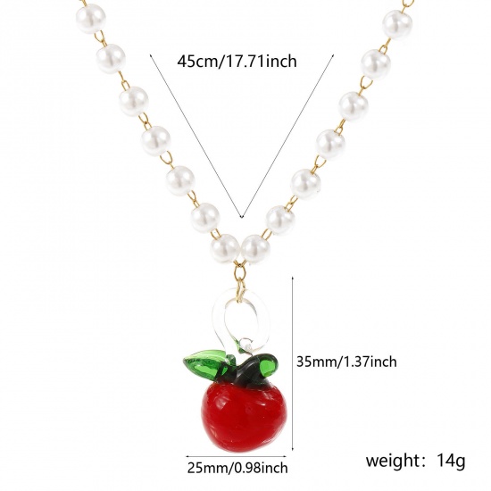 Picture of 18K Real Gold Plated Beaded Chain Apple Fruit Pendant Charm Necklace, 304 Stainless Steel & Lampwork Glass 45cm(17.7"), For Women, Red 3D, Exquisite Gift, Eco-friendly PVD Vacuum Plating, 1 Piece