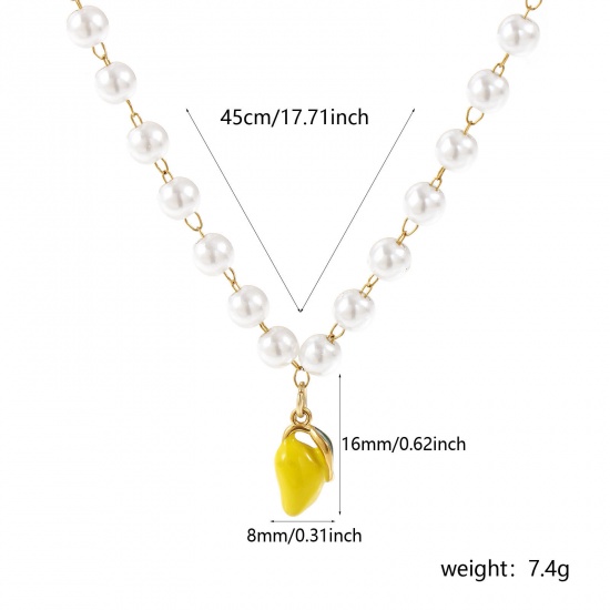 Picture of 18K Real Gold Plated Beaded Chain Mango Fruit Pendant Charm Necklace, 304 Stainless Steel 45cm(17.7"), For Women, Yellow Enamel 3D, Exquisite Gift, Eco-friendly PVD Vacuum Plating, 1 Piece