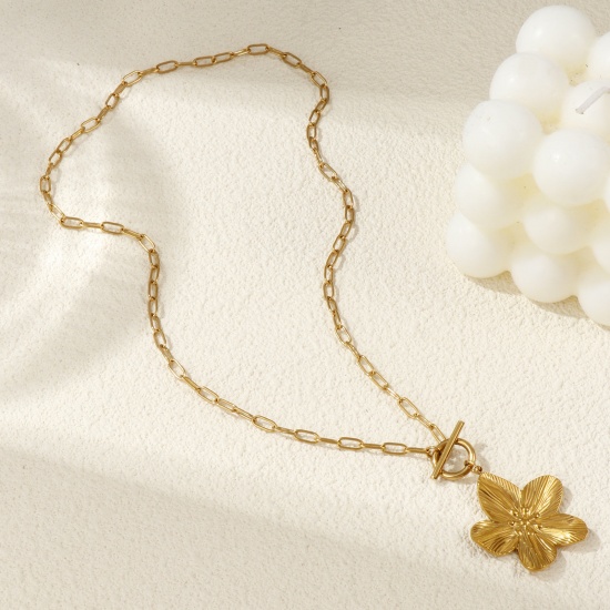 Bild von 18K Echtgold plattiert Büroklammerkette Blumen Anhänger Halskette, 304 Edelstahl 45cm, Für Frauen, Exquisit Geschenk, Umweltfreundliche PVD-Vakuumbeschichtung, 1 Strang