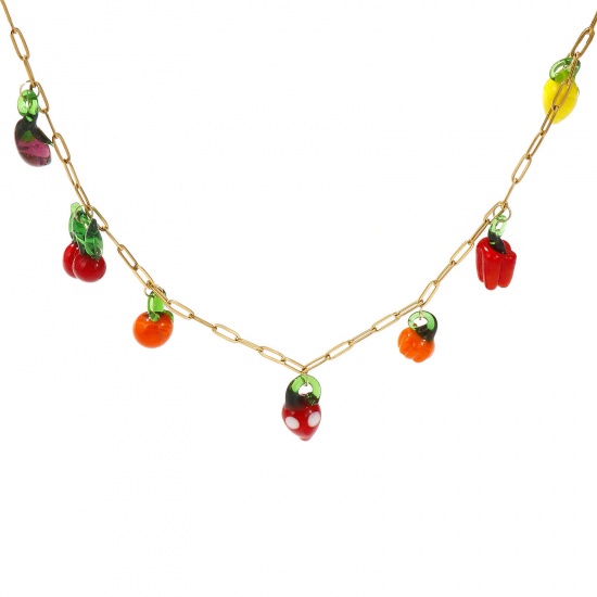Picture of 18K Gold Plated Paperclip Link Chain Pendant Charm Necklace, 304 Stainless Steel & Lampwork Glass 60cm(23.6"), For Women, 3D, Exquisite Gift, Eco-friendly PVD Vacuum Plating, 1 Piece