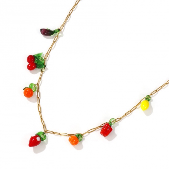 Picture of 18K Gold Plated Paperclip Link Chain Pendant Charm Necklace, 304 Stainless Steel & Lampwork Glass 60cm(23.6"), For Women, 3D, Exquisite Gift, Eco-friendly PVD Vacuum Plating, 1 Piece