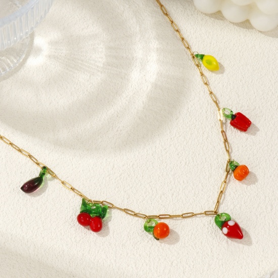 Picture of 18K Gold Plated Paperclip Link Chain Pendant Charm Necklace, 304 Stainless Steel & Lampwork Glass 60cm(23.6"), For Women, 3D, Exquisite Gift, Eco-friendly PVD Vacuum Plating, 1 Piece