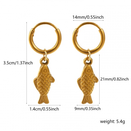 Picture of Wholesale Ocean Jewelry Stylish Hoop Earrings, Fish Animal 3D 18K Gold Plated 304 Stainless Steel, Women's Eco-friendly PVD Vacuum Plating Gift Jewelry Supply, 3.5cm x 1.4cm, Post/ Wire Size: 0.9mm(19 gauge), 1 Pair