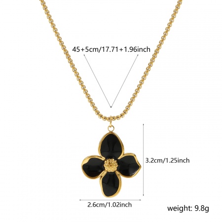 Picture of Wholesale Flower Black Pendant Charm Necklace, 18K Real Gold Plated 304 Stainless Steel Box Chain, Women's Eco-friendly PVD Vacuum Plating Waterproof Anti-Tarnish Hypoallergenic Sweet & Cute Gift Jewelry For Retailer, 45cm(17.7") + 5cm(2") long, 1 Piece