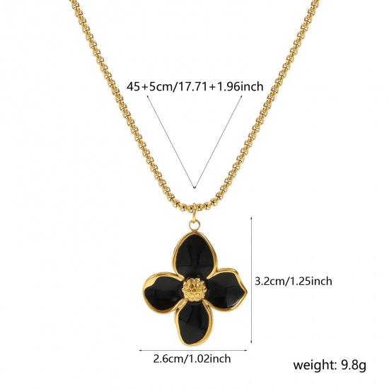 18Kリアルゴールドメッキ ボックスチェーン フラワー ペンダントネックレス、 304ステンレス鋼 45cm + 5cm、 女性のため、 黒 エナメル 甘くてかわいい プレゼント、 エコフレンドリー PVD真空メッキ、 1 本 の画像