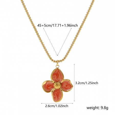 Picture of Wholesale Flower Orange Pink Pearlized Pendant Charm Necklace, 18K Real Gold Plated 304 Stainless Steel Box Chain, Women's Eco-friendly PVD Vacuum Plating Waterproof Anti-Tarnish Hypoallergenic Sweet & Cute Gift Jewelry For Retailer, 45cm(17.7") + 5cm(2") long, 1 Piece