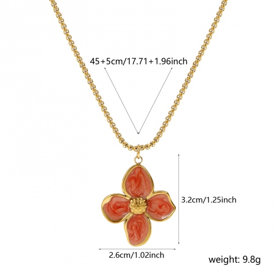 18Kリアルゴールドメッキ ボックスチェーン フラワー ペンダントネックレス、 304ステンレス鋼 45cm + 5cm、 女性のため、 オレンジピンク エナメル 光沢ある、 甘くてかわいい プレゼント、 エコフレンドリー PVD真空メッキ、 1 本 の画像