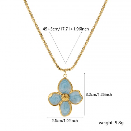 Image de Collier à Breloques En Gros Plaqué Or Véritable 18K en 304 Acier Inoxydable, Fleur Bleu Clair Perlaire Chaîne Maille Vénitienne, aux Femmes Placage Sous Vide PVD Écologique Imperméable Anti-ternissement Hypoallergénique Sucré & Mignon Cadeau Bijoux pour Détaillants 45cm + 5cm long, 1 Pièce