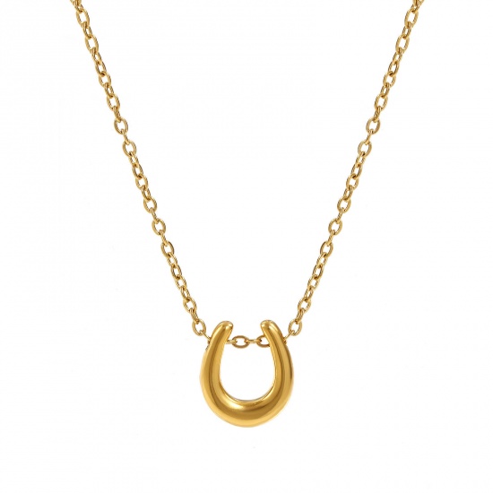 Immagine di 18K Vero Oro Placcato Catena a Cavo Ferro di Cavallo Collana con Ciondolo, 304 Acciaio Inossidabile 45cm + 5cm, Unisex, Squisito Cowboy dell'Ovest Regalo, Placcatura Sottovuoto PVD Ecologica, 1 Pz