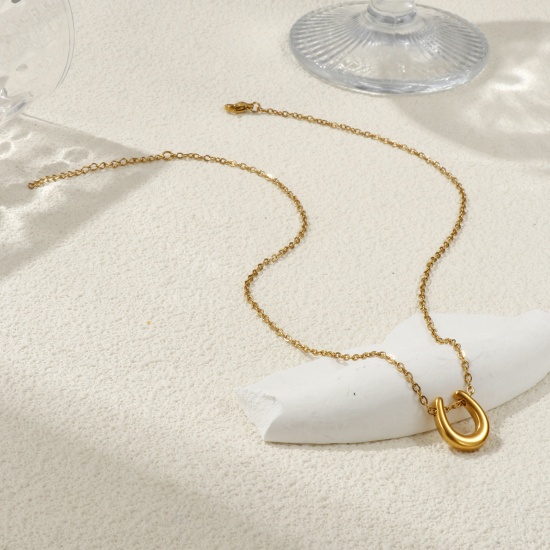 Immagine di 18K Vero Oro Placcato Catena a Cavo Ferro di Cavallo Collana con Ciondolo, 304 Acciaio Inossidabile 45cm + 5cm, Unisex, Squisito Cowboy dell'Ovest Regalo, Placcatura Sottovuoto PVD Ecologica, 1 Pz
