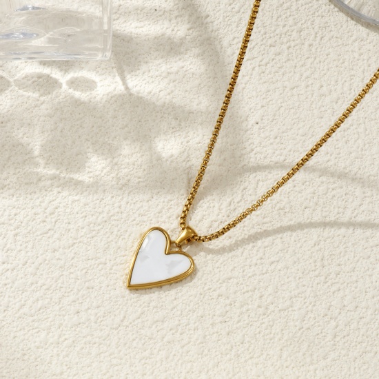 Immagine di 18K Vero Oro Placcato Catena a Casella Cuore Collana con Ciondolo, 304 Acciaio Inossidabile & Conchiglie Naturali 45cm + 5cm, Per Donne, Bianco Elegante San Valentino Regalo, Placcatura Sottovuoto PVD Ecologica, 1 Pz