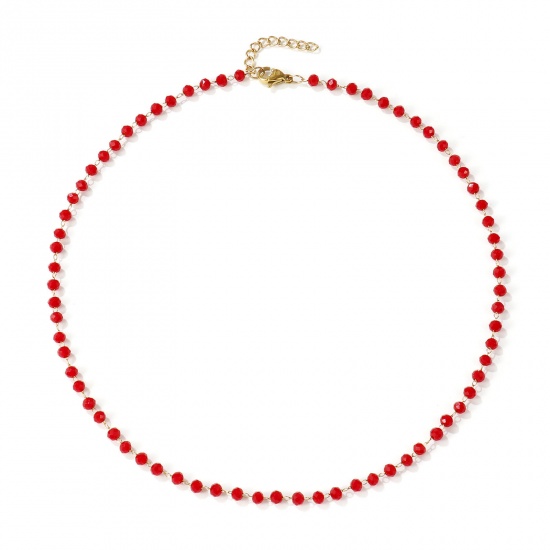 Picture of 18K Real Gold Plated Beaded Chain Choker Necklace, 304 Stainless Steel & Quartz Crystal 38cm(15") + 3cm(1.2"), For Women, Wine Red Faceted, Exquisite Gift, Eco-friendly PVD Vacuum Plating, 1 Piece