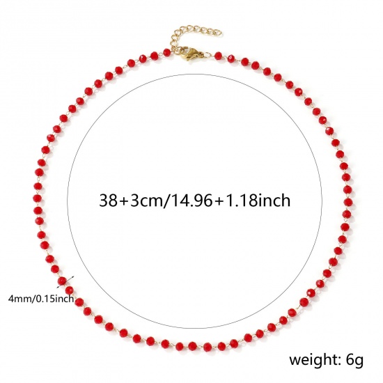 Picture of 18K Real Gold Plated Beaded Chain Choker Necklace, 304 Stainless Steel & Quartz Crystal 38cm(15") + 3cm(1.2"), For Women, Wine Red Faceted, Exquisite Gift, Eco-friendly PVD Vacuum Plating, 1 Piece