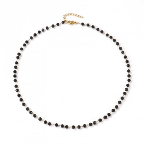 Picture of 18K Real Gold Plated Beaded Chain Choker Necklace, 304 Stainless Steel & Quartz Crystal 38cm(15") + 3cm(1.2"), For Women, Black Faceted, Exquisite Gift, Eco-friendly PVD Vacuum Plating, 1 Piece
