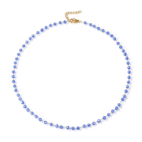 Picture of 18K Real Gold Plated Beaded Chain Choker Necklace, 304 Stainless Steel & Quartz Crystal 38cm(15") + 3cm(1.2"), For Women, Aqua Blue Faceted, Exquisite Gift, Eco-friendly PVD Vacuum Plating, 1 Piece