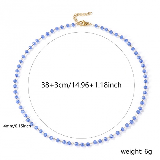 Picture of 18K Real Gold Plated Beaded Chain Choker Necklace, 304 Stainless Steel & Quartz Crystal 38cm(15") + 3cm(1.2"), For Women, Aqua Blue Faceted, Exquisite Gift, Eco-friendly PVD Vacuum Plating, 1 Piece