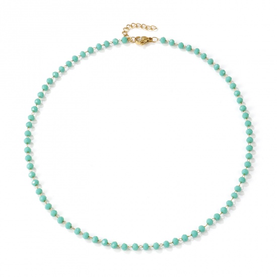 Picture of 18K Real Gold Plated Beaded Chain Choker Necklace, 304 Stainless Steel & Quartz Crystal 38cm(15") + 3cm(1.2"), For Women, Light Green Faceted, Exquisite Gift, Eco-friendly PVD Vacuum Plating, 1 Piece