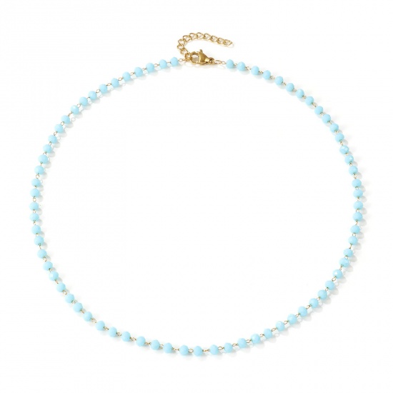 Picture of 18K Real Gold Plated Beaded Chain Choker Necklace, 304 Stainless Steel & Quartz Crystal 38cm(15") + 3cm(1.2"), For Women, Light Blue Faceted, Exquisite Gift, Eco-friendly PVD Vacuum Plating, 1 Piece