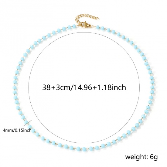 Picture of 18K Real Gold Plated Beaded Chain Choker Necklace, 304 Stainless Steel & Quartz Crystal 38cm(15") + 3cm(1.2"), For Women, Light Blue Faceted, Exquisite Gift, Eco-friendly PVD Vacuum Plating, 1 Piece