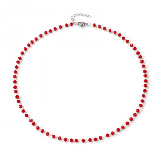 Image de Collier Ras de Cou Argent Mat en 304 Acier Inoxydable & Cristal de Quartz Pour Femmes, Chaîne Perlée 38cm + 3cm, Vin Rouge A Facettes, Exquis Cadeau, Respectueux de la Nature, 1 Pièce