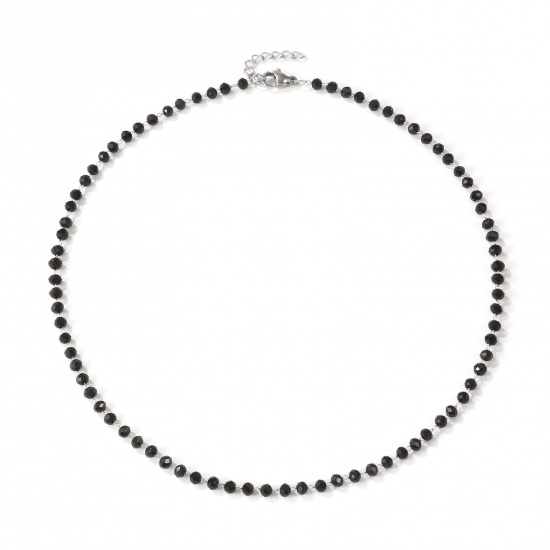 Image de Collier Ras de Cou Argent Mat en 304 Acier Inoxydable & Cristal de Quartz Pour Femmes, Chaîne Perlée 38cm + 3cm, Noir A Facettes, Exquis Cadeau, Respectueux de la Nature, 1 Pièce