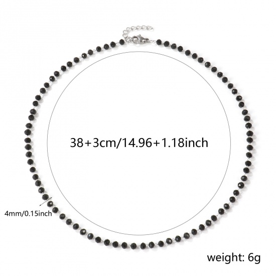 Image de Collier Ras de Cou Argent Mat en 304 Acier Inoxydable & Cristal de Quartz Pour Femmes, Chaîne Perlée 38cm + 3cm, Noir A Facettes, Exquis Cadeau, Respectueux de la Nature, 1 Pièce