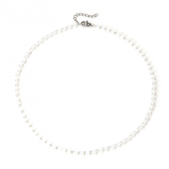 Image de Collier Ras de Cou Argent Mat en 304 Acier Inoxydable & Cristal de Quartz Pour Femmes, Chaîne Perlée 38cm + 3cm, Blanc A Facettes, Exquis Cadeau, Respectueux de la Nature, 1 Pièce