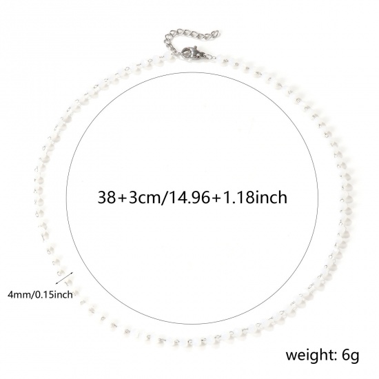 Image de Collier Ras de Cou Argent Mat en 304 Acier Inoxydable & Cristal de Quartz Pour Femmes, Chaîne Perlée 38cm + 3cm, Blanc A Facettes, Exquis Cadeau, Respectueux de la Nature, 1 Pièce