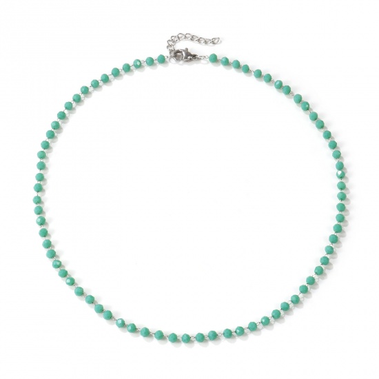 Image de Collier Ras de Cou Argent Mat en 304 Acier Inoxydable & Cristal de Quartz Pour Femmes, Chaîne Perlée 38cm + 3cm, Vert Clair A Facettes, Exquis Cadeau, Respectueux de la Nature, 1 Pièce